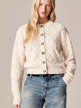 J. Crew Popcorn-stitch cardigan in vintage wool Alabaster NWT size M